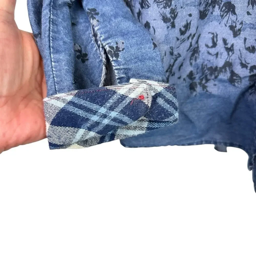 Free people Dottie Over You Floral Chambray Denim Plaid Button Front Top Shirt S